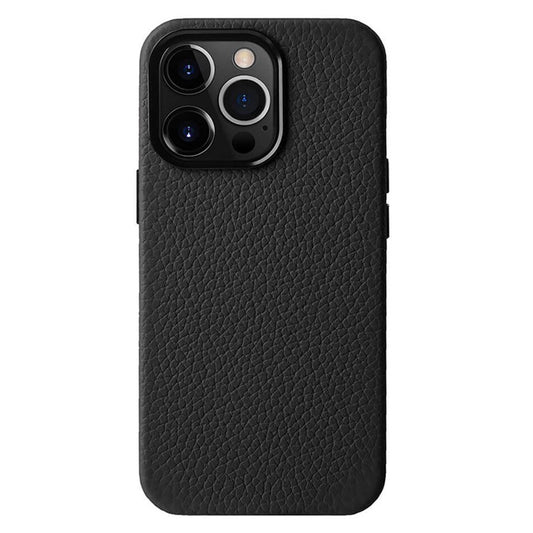 MELKCO For iPhone 14 Pro Max Metal Lens Frame Phone Case Genuine Cow Leather+Microfiber Leather+PC Phone Case - Black