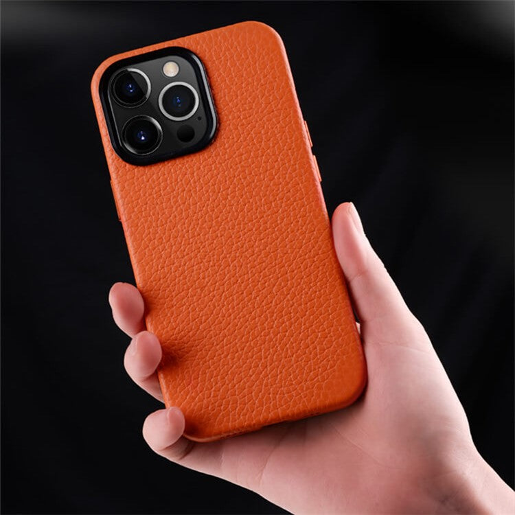 MELKCO For iPhone 14 Pro Max Metal Lens Frame Phone Case Genuine Cow Leather+Microfiber Leather+PC Phone Case - Black