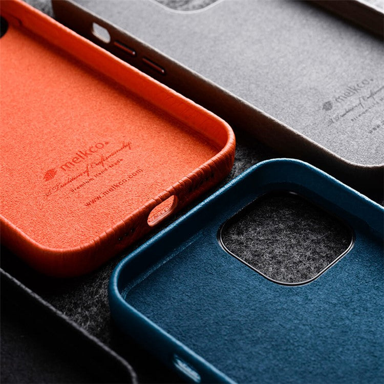 MELKCO For iPhone 14 Pro Max Metal Lens Frame Phone Case Genuine Cow Leather+Microfiber Leather+PC Phone Case - Black