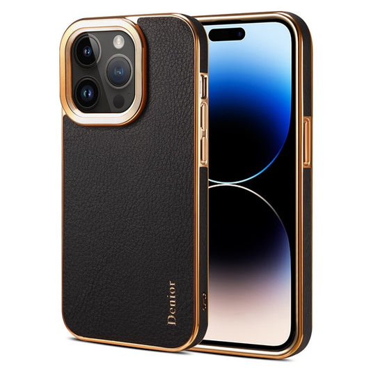 DENIOR For iPhone 14 Pro Genuine Cow Leather+PC Phone Case Anti-Scratch Electroplating Cover - Black