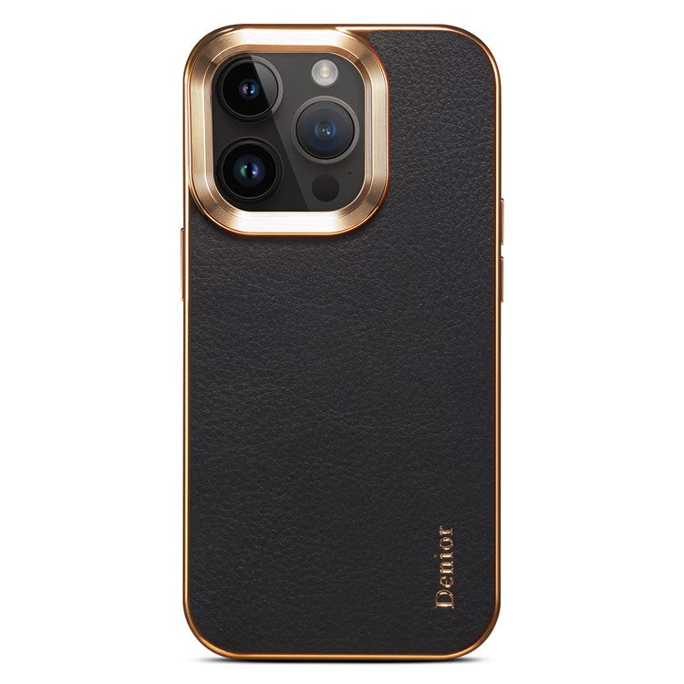 DENIOR For iPhone 14 Pro Genuine Cow Leather+PC Phone Case Anti-Scratch Electroplating Cover - Black