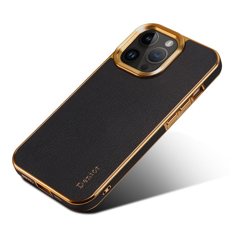 DENIOR For iPhone 14 Pro Genuine Cow Leather+PC Phone Case Anti-Scratch Electroplating Cover - Black