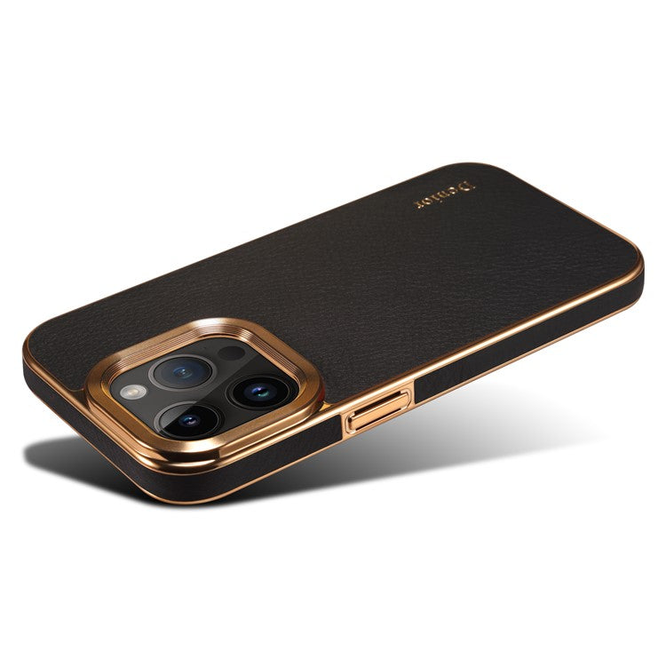 DENIOR For iPhone 14 Pro Genuine Cow Leather+PC Phone Case Anti-Scratch Electroplating Cover - Black