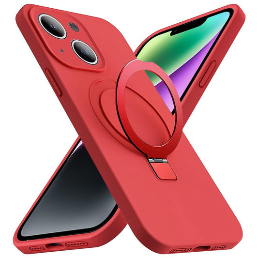 For iPhone 14 Magnetic Phone Case Hidden Kickstand Protective Cover Shockproof Liquid Silicone Shell - Red
