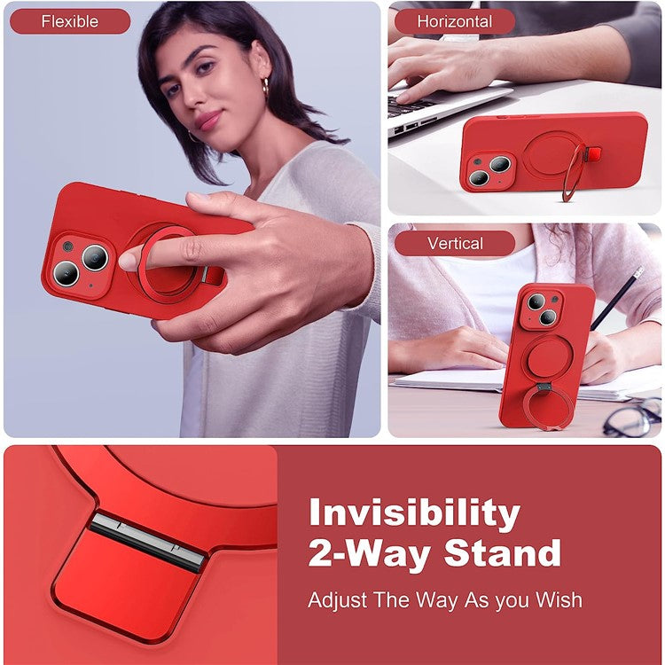 For iPhone 14 Magnetic Phone Case Hidden Kickstand Protective Cover Shockproof Liquid Silicone Shell - Red