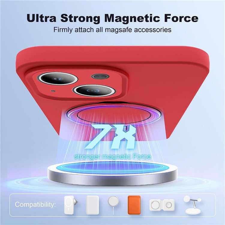 For iPhone 14 Magnetic Phone Case Hidden Kickstand Protective Cover Shockproof Liquid Silicone Shell - Red