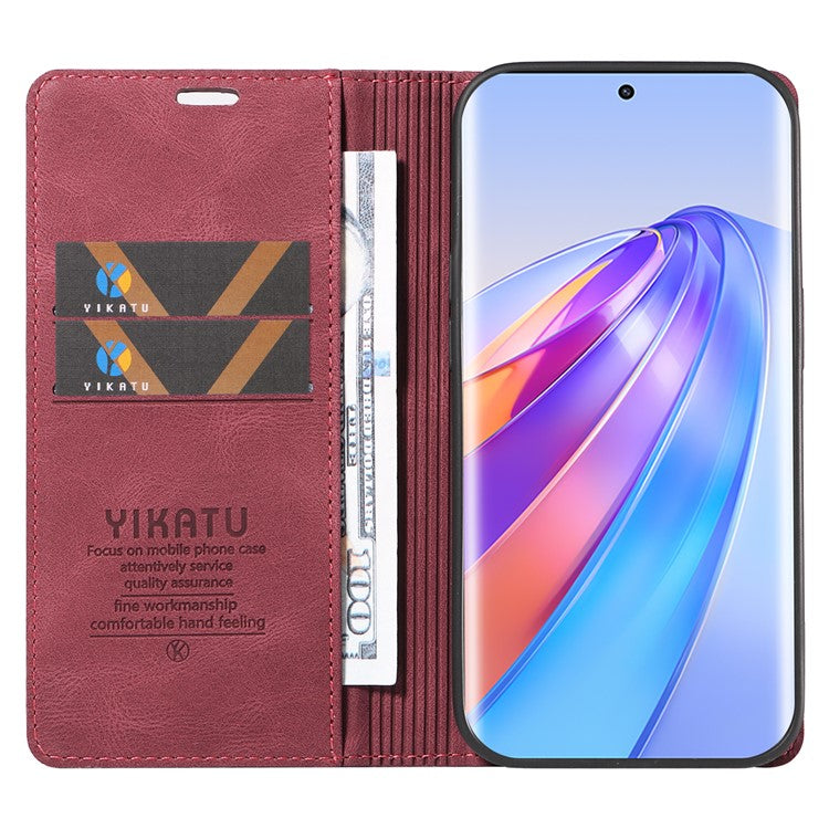 YIKATU YK-004 For Honor X40 5G / X9a 5G / Magic5 Lite 5G Anti-drop Leather Cover Wallet Stand Phone Case - Wine Red