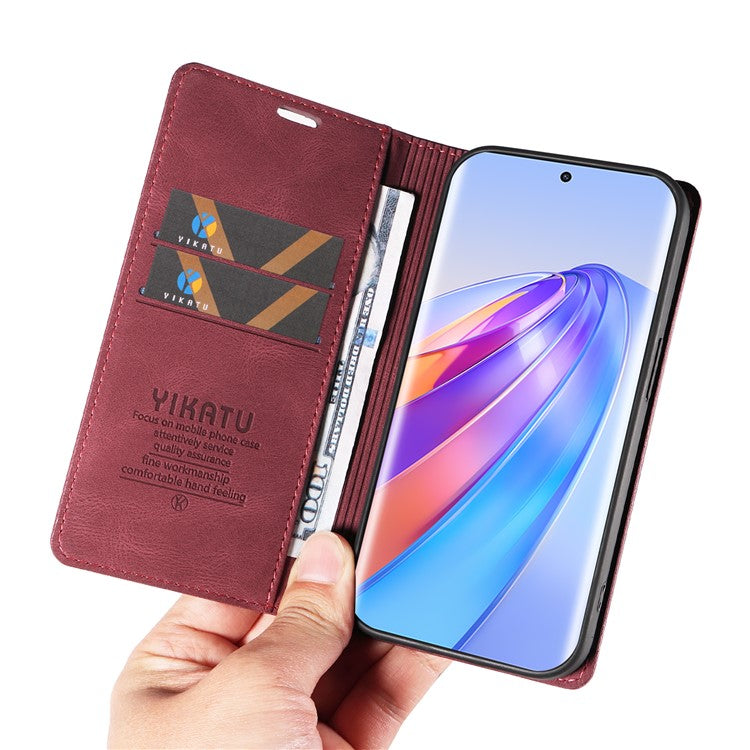 YIKATU YK-004 For Honor X40 5G / X9a 5G / Magic5 Lite 5G Anti-drop Leather Cover Wallet Stand Phone Case - Wine Red