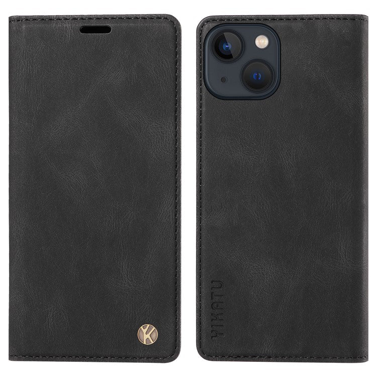 YIKATU YK-004 Leather Cover for iPhone 14 Plus Skin-touch Anti-drop Wallet Stand Phone Case - Black