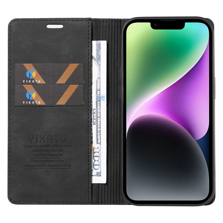 YIKATU YK-004 Leather Cover for iPhone 14 Plus Skin-touch Anti-drop Wallet Stand Phone Case - Black