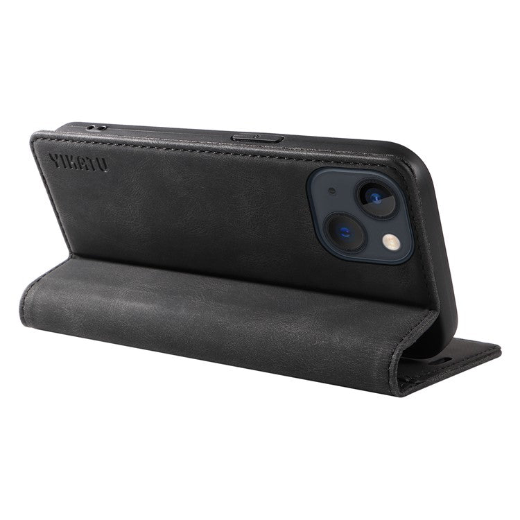 YIKATU YK-004 Leather Cover for iPhone 14 Plus Skin-touch Anti-drop Wallet Stand Phone Case - Black