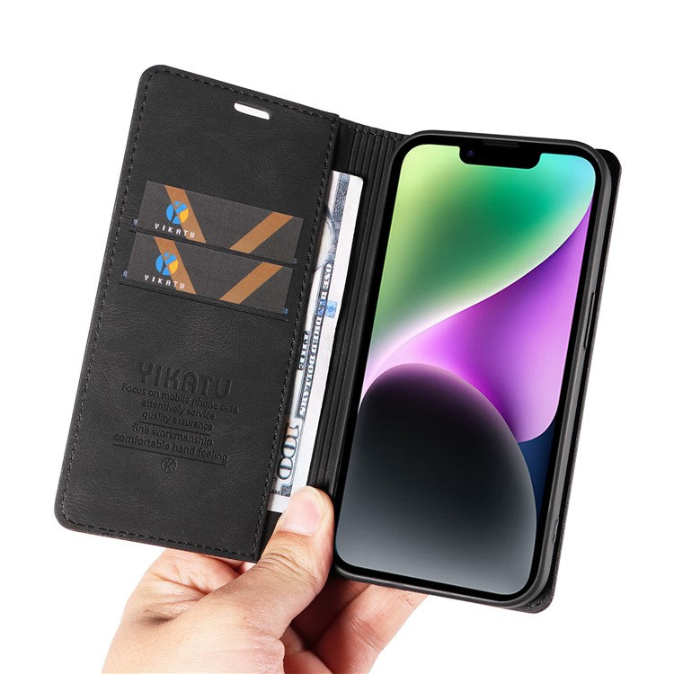 YIKATU YK-004 Leather Cover for iPhone 14 Plus Skin-touch Anti-drop Wallet Stand Phone Case - Black