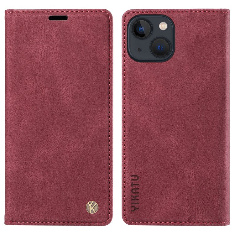 YIKATU YK-004 Leather Phone Case for iPhone 14 Skin-touch Shockproof Wallet Stand Cover - Wine Red