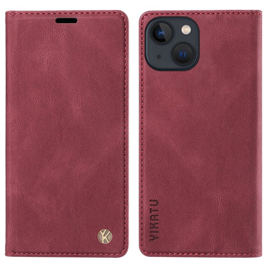 YIKATU YK-004 Leather Phone Case for iPhone 14 Skin-touch Shockproof Wallet Stand Cover - Wine Red