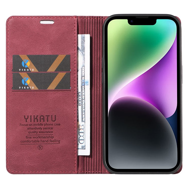 YIKATU YK-004 Leather Phone Case for iPhone 14 Skin-touch Shockproof Wallet Stand Cover - Wine Red
