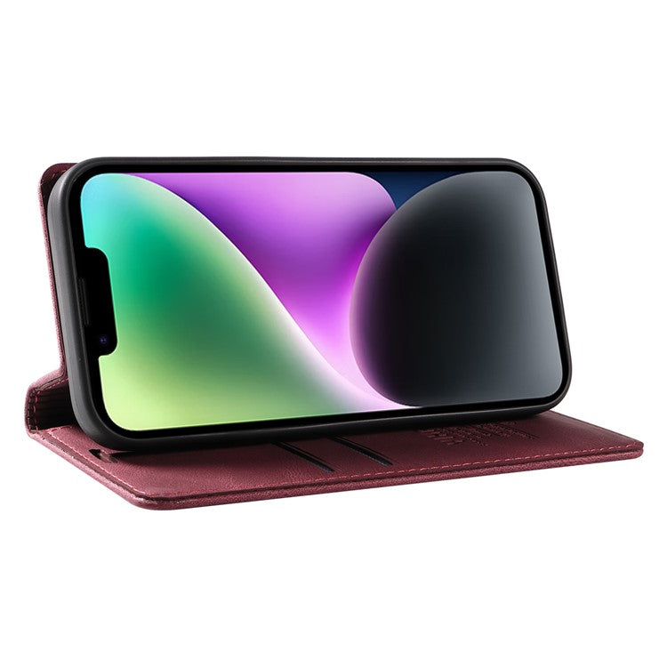 YIKATU YK-004 Leather Phone Case for iPhone 14 Skin-touch Shockproof Wallet Stand Cover - Wine Red