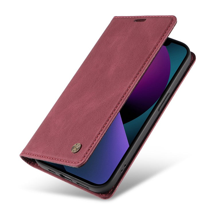 YIKATU YK-004 Leather Phone Case for iPhone 14 Skin-touch Shockproof Wallet Stand Cover - Wine Red