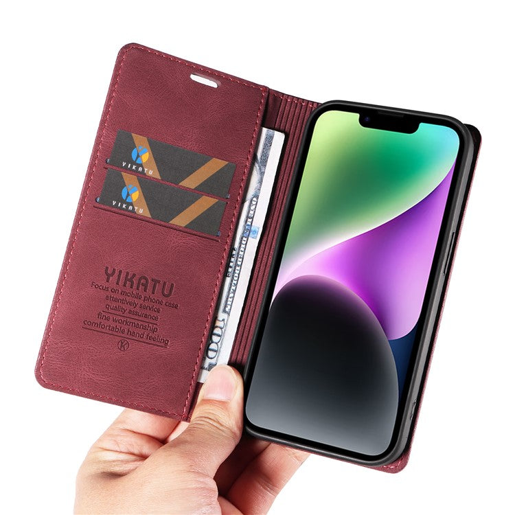 YIKATU YK-004 Leather Phone Case for iPhone 14 Skin-touch Shockproof Wallet Stand Cover - Wine Red