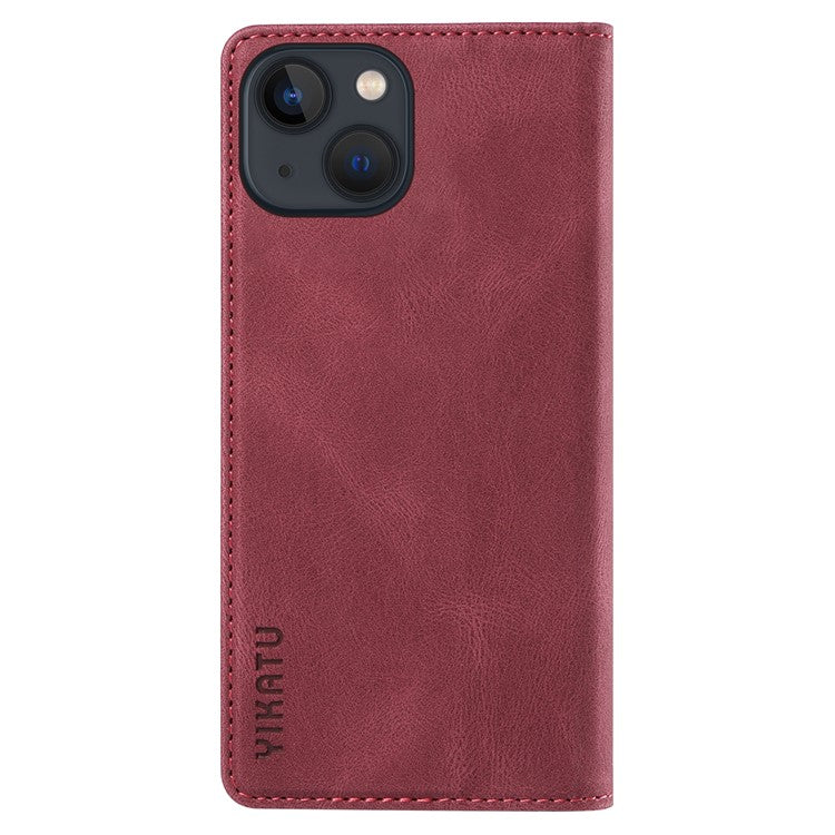 YIKATU YK-004 Leather Phone Case for iPhone 14 Skin-touch Shockproof Wallet Stand Cover - Wine Red