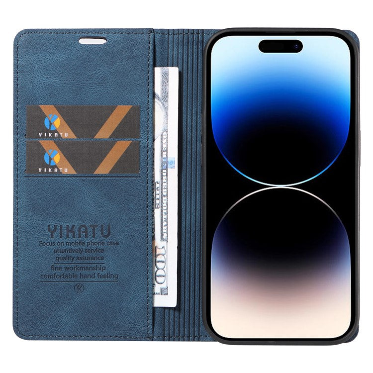 YIKATU YK-004 For iPhone 14 Pro Max PU Leather Wallet Cover Magnetic Closing Phone Case with Stand - Blue