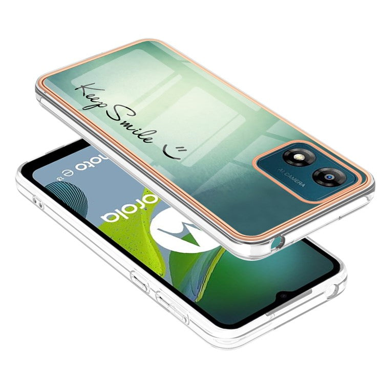 YB IMD Series-19 Style D TPU Shell for Motorola Moto E13 4G , 2.0mm Electroplating IMD Pattern Printing Phone Case - Keep Smile