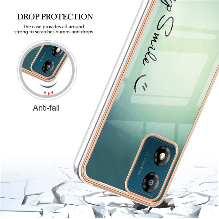 YB IMD Series-19 Style D TPU Shell for Motorola Moto E13 4G , 2.0mm Electroplating IMD Pattern Printing Phone Case - Keep Smile