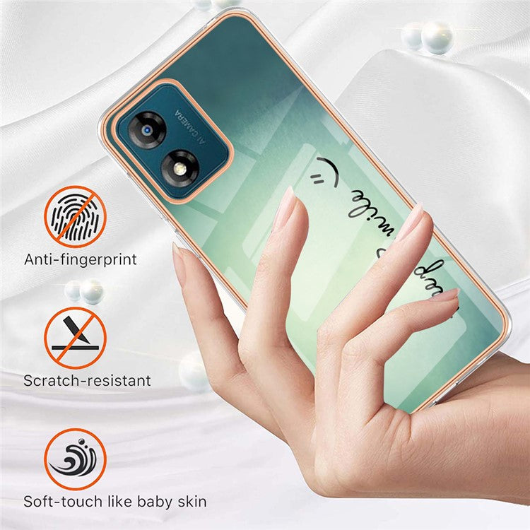 YB IMD Series-19 Style D TPU Shell for Motorola Moto E13 4G , 2.0mm Electroplating IMD Pattern Printing Phone Case - Keep Smile