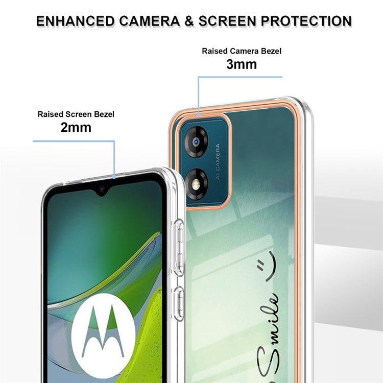 YB IMD Series-19 Style D TPU Shell for Motorola Moto E13 4G , 2.0mm Electroplating IMD Pattern Printing Phone Case - Keep Smile
