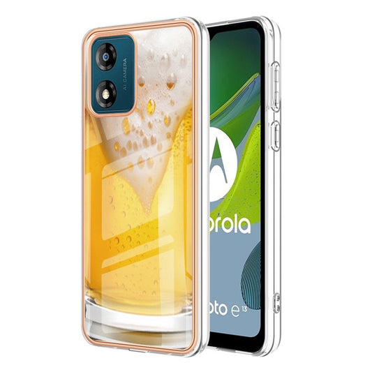 YB IMD Series-19 Style D TPU Shell for Motorola Moto E13 4G , 2.0mm Electroplating IMD Pattern Printing Phone Case - Beer