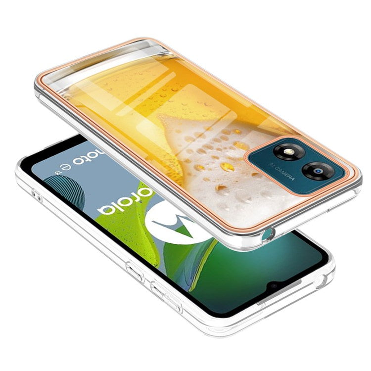 YB IMD Series-19 Style D TPU Shell for Motorola Moto E13 4G , 2.0mm Electroplating IMD Pattern Printing Phone Case - Beer