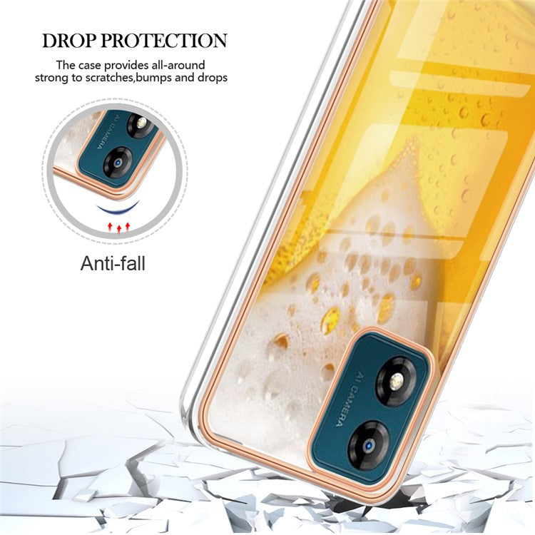 YB IMD Series-19 Style D TPU Shell for Motorola Moto E13 4G , 2.0mm Electroplating IMD Pattern Printing Phone Case - Beer