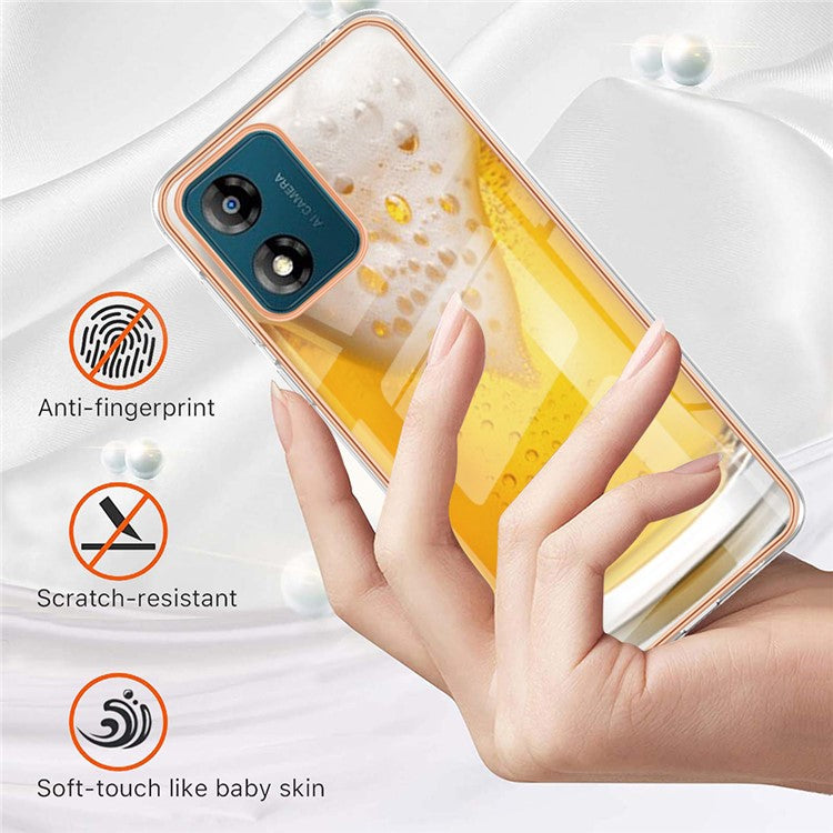 YB IMD Series-19 Style D TPU Shell for Motorola Moto E13 4G , 2.0mm Electroplating IMD Pattern Printing Phone Case - Beer