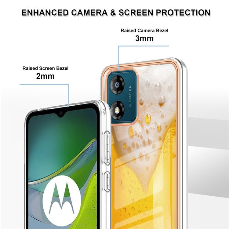 YB IMD Series-19 Style D TPU Shell for Motorola Moto E13 4G , 2.0mm Electroplating IMD Pattern Printing Phone Case - Beer
