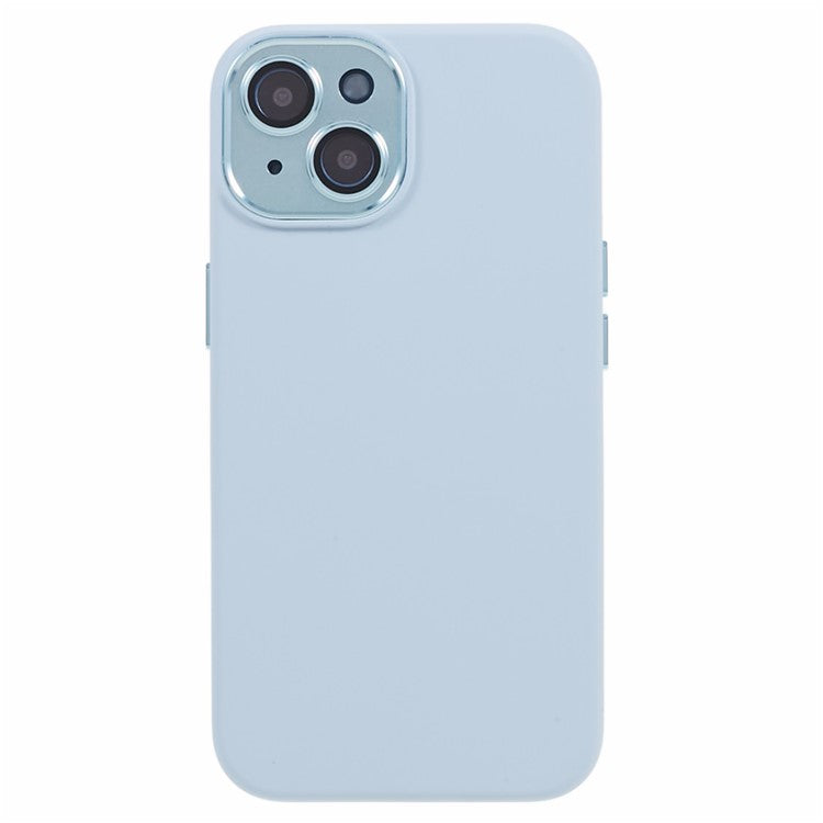 For iPhone 14 Liquid Silicone+PC Phone Case Non-Slip Back Cover with Camera Lens Film - Cyan