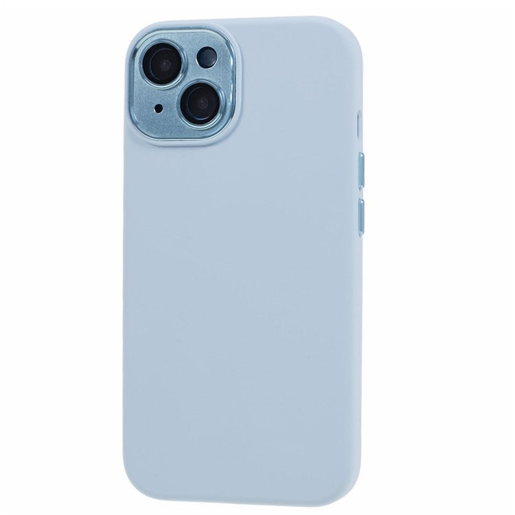 For iPhone 14 Liquid Silicone+PC Phone Case Non-Slip Back Cover with Camera Lens Film - Cyan