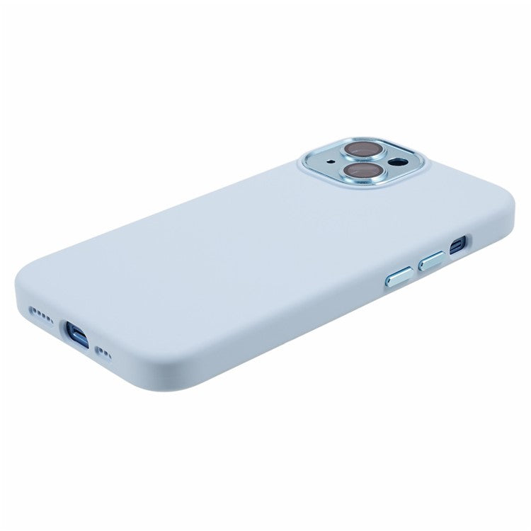 For iPhone 14 Liquid Silicone+PC Phone Case Non-Slip Back Cover with Camera Lens Film - Cyan