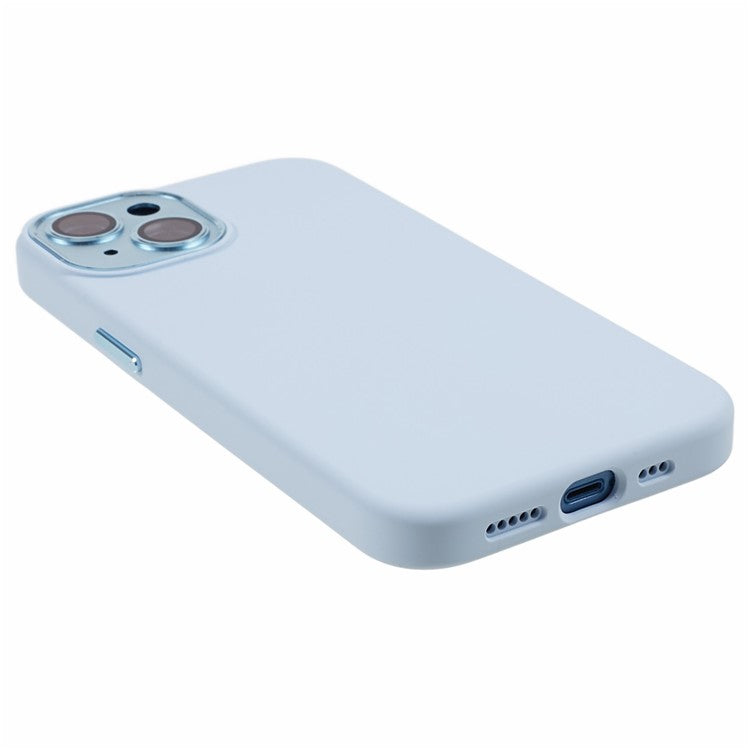 For iPhone 14 Liquid Silicone+PC Phone Case Non-Slip Back Cover with Camera Lens Film - Cyan