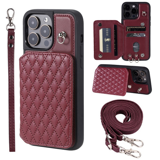 Style 008 For iPhone 14 Pro RFID Blocking Card Holder Kickstand Case Leather+TPU Phone Cover with 2 Straps - Wine Red