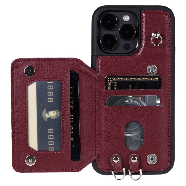 Style 008 For iPhone 14 Pro RFID Blocking Card Holder Kickstand Case Leather+TPU Phone Cover with 2 Straps - Wine Red