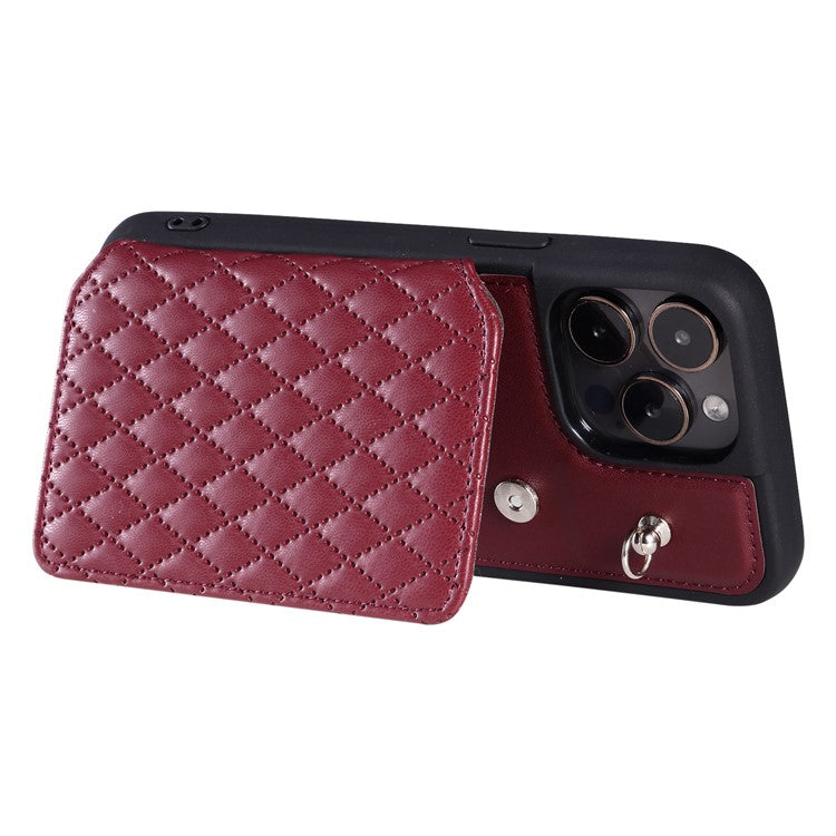 Style 008 For iPhone 14 Pro RFID Blocking Card Holder Kickstand Case Leather+TPU Phone Cover with 2 Straps - Wine Red