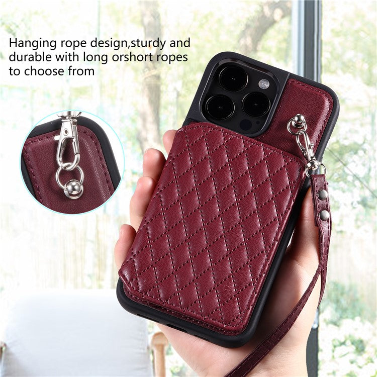 Style 008 For iPhone 14 Pro RFID Blocking Card Holder Kickstand Case Leather+TPU Phone Cover with 2 Straps - Wine Red
