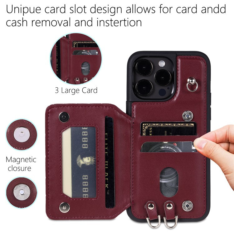 Style 008 For iPhone 14 Pro RFID Blocking Card Holder Kickstand Case Leather+TPU Phone Cover with 2 Straps - Wine Red