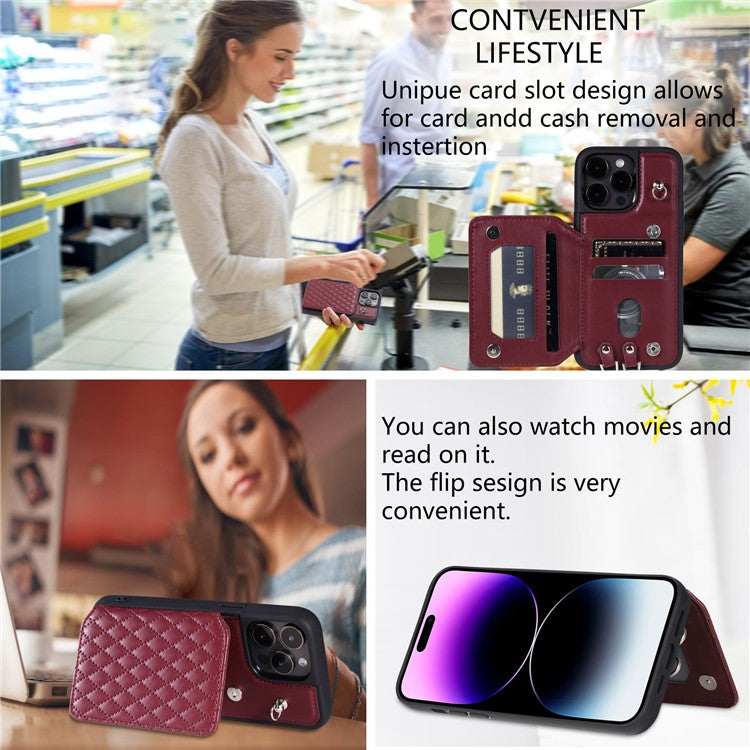 Style 008 For iPhone 14 Pro RFID Blocking Card Holder Kickstand Case Leather+TPU Phone Cover with 2 Straps - Wine Red