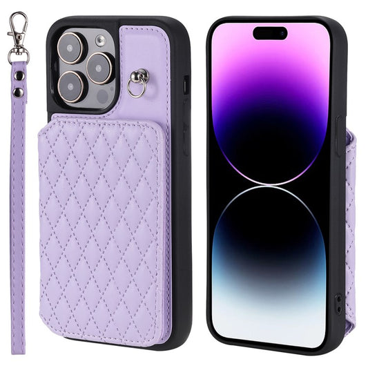 Style 008 Phone Cover for iPhone 14 Pro Max , PU Leather+TPU RFID Blocking Card Holder Kickstand Shell with Wrist Strap - Purple