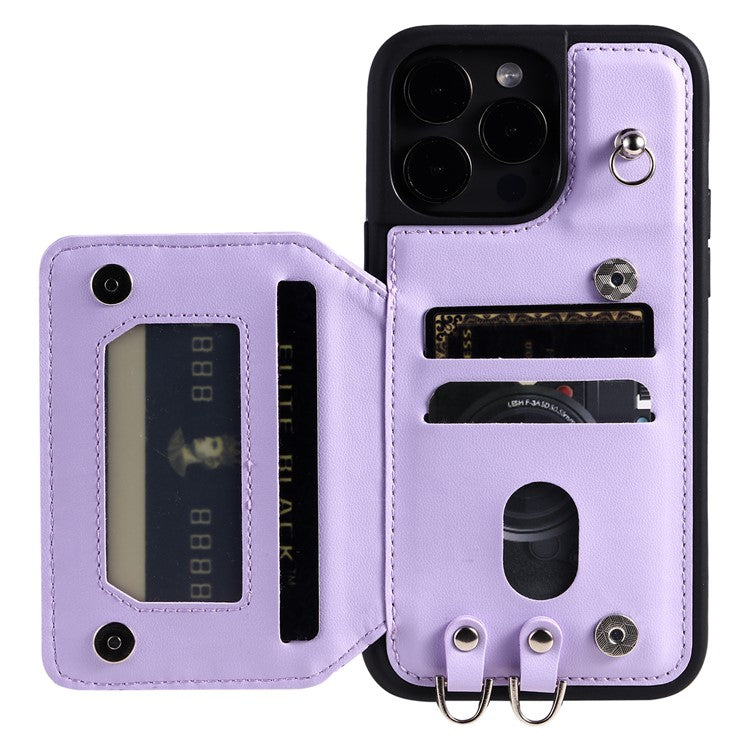 Style 008 Phone Cover for iPhone 14 Pro Max , PU Leather+TPU RFID Blocking Card Holder Kickstand Shell with Wrist Strap - Purple