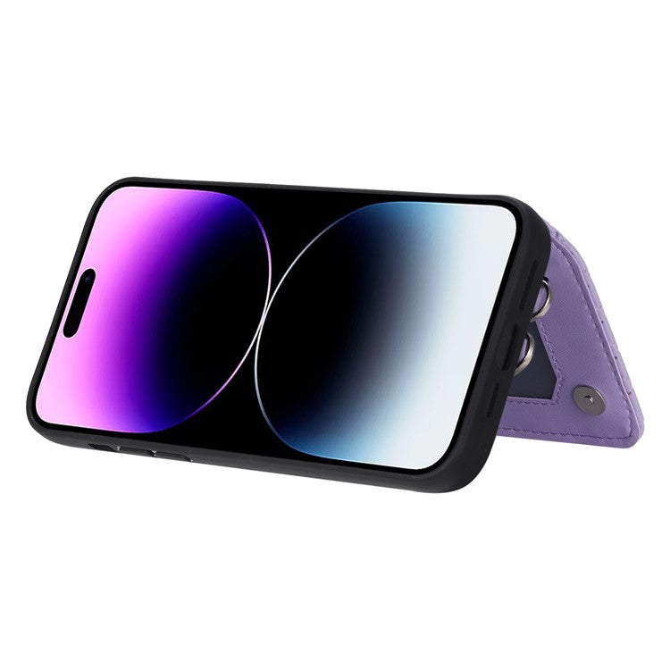 Style 008 Phone Cover for iPhone 14 Pro Max , PU Leather+TPU RFID Blocking Card Holder Kickstand Shell with Wrist Strap - Purple