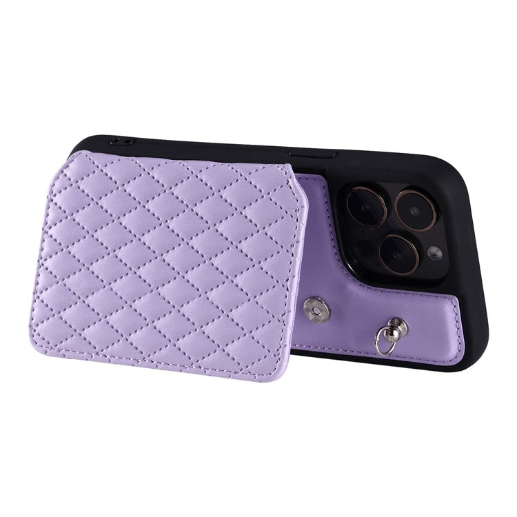 Style 008 Phone Cover for iPhone 14 Pro Max , PU Leather+TPU RFID Blocking Card Holder Kickstand Shell with Wrist Strap - Purple