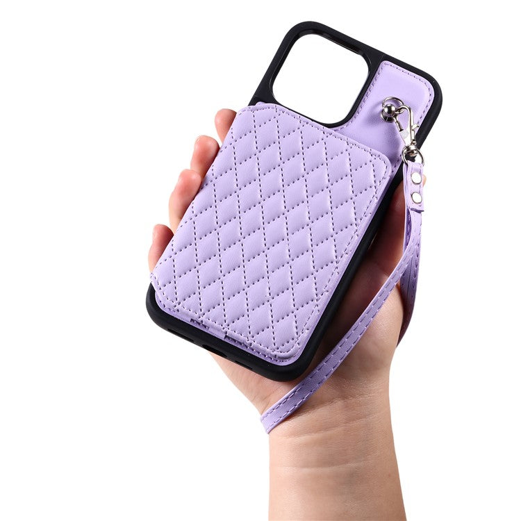 Style 008 Phone Cover for iPhone 14 Pro Max , PU Leather+TPU RFID Blocking Card Holder Kickstand Shell with Wrist Strap - Purple