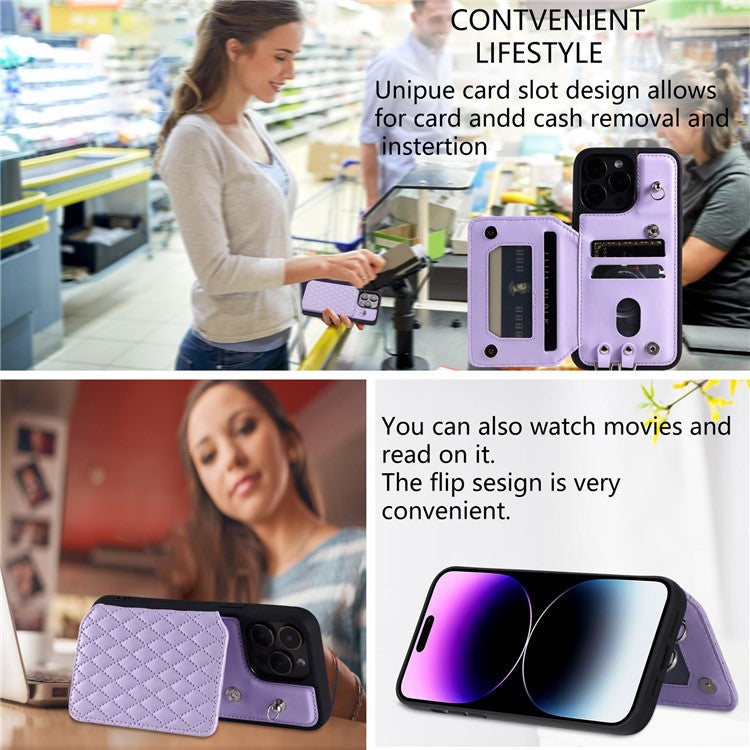 Style 008 Phone Cover for iPhone 14 Pro Max , PU Leather+TPU RFID Blocking Card Holder Kickstand Shell with Wrist Strap - Purple
