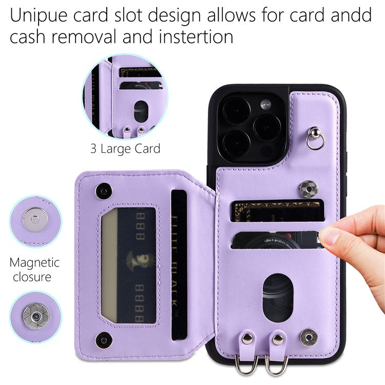 Style 008 Phone Cover for iPhone 14 Pro Max , PU Leather+TPU RFID Blocking Card Holder Kickstand Shell with Wrist Strap - Purple